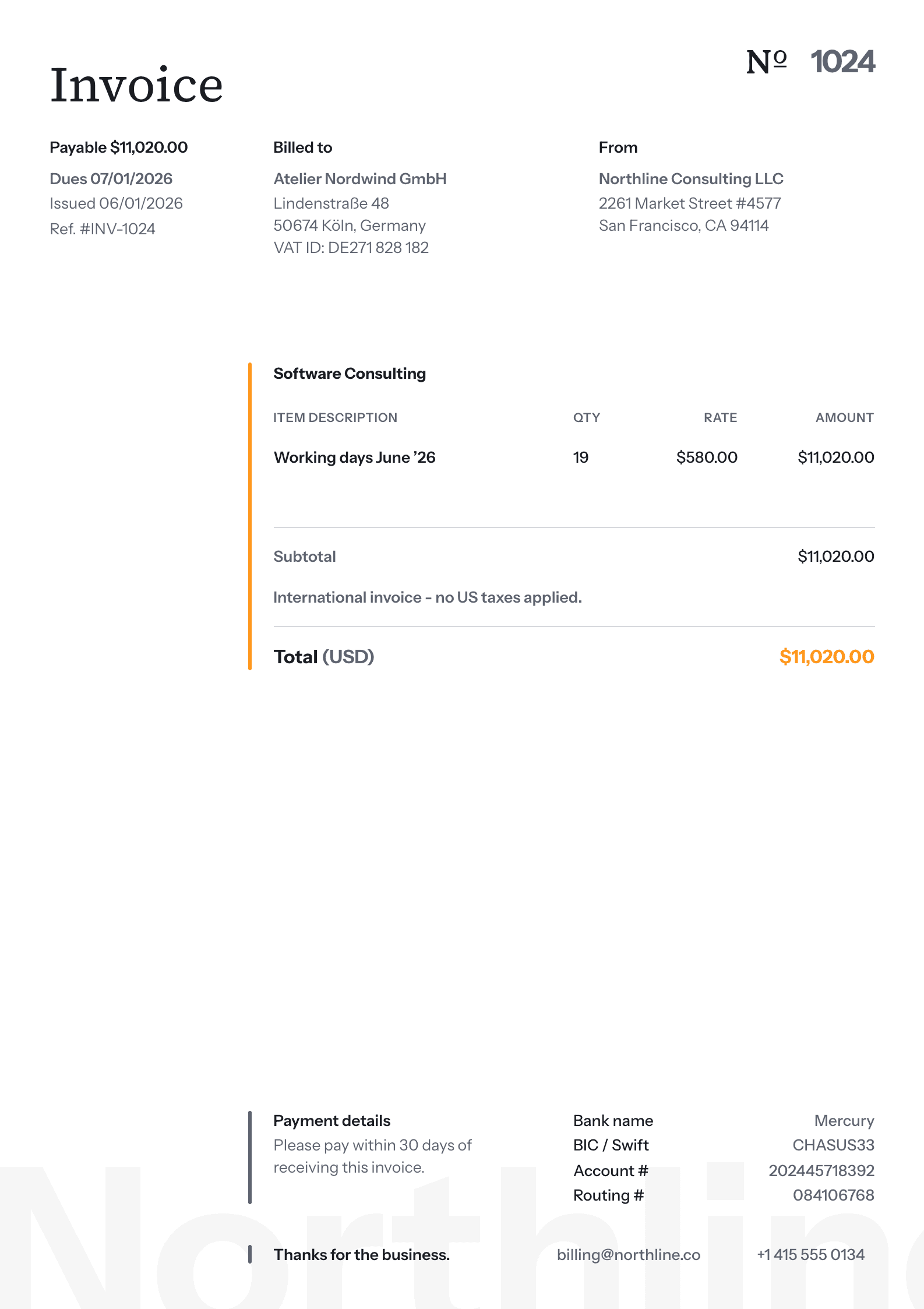 A fivvo invoice PDF: letterhead, billed-to block, line items and total